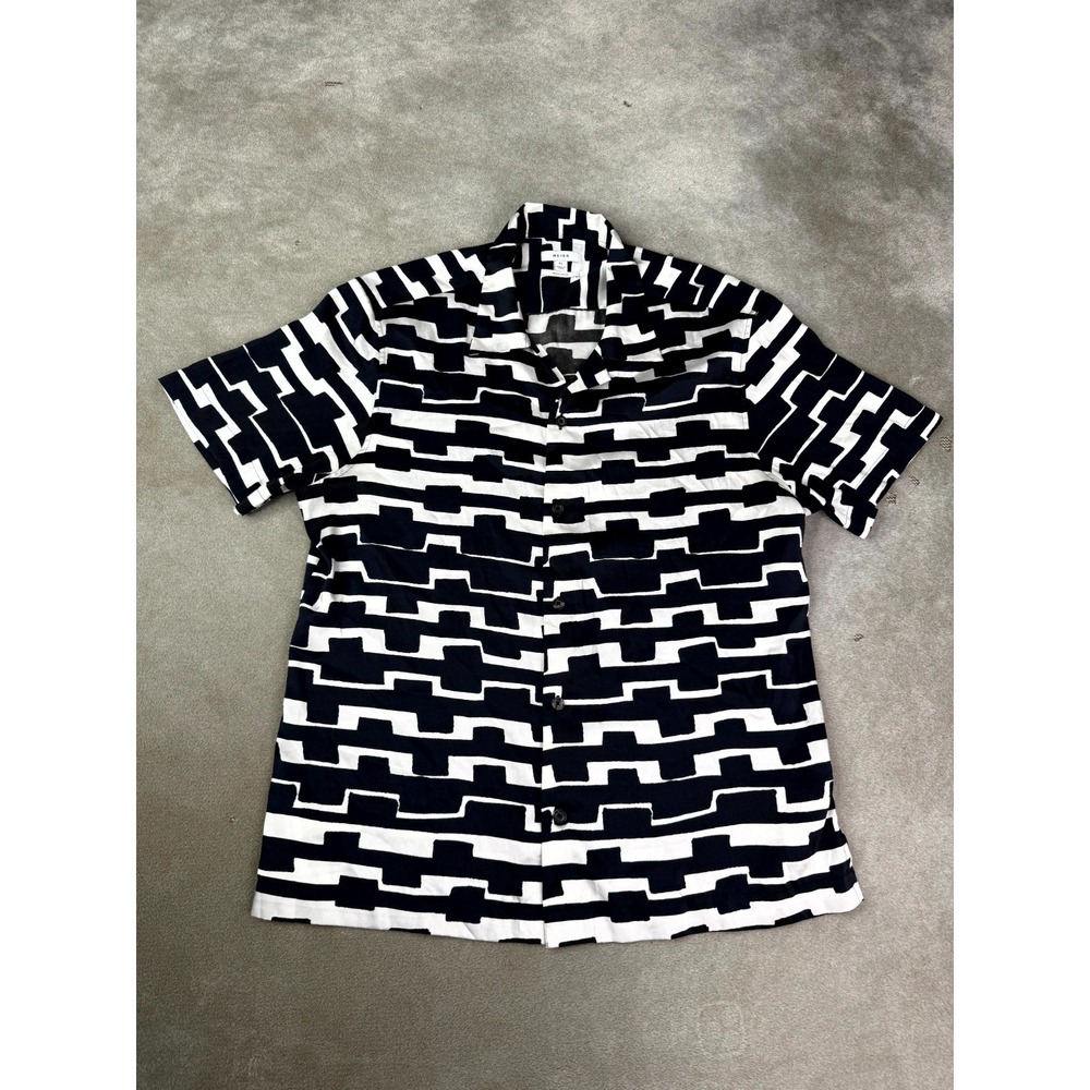 Reiss Shirt Mens XL Black White Abstract Print Beach Cuban Collar Regular Fit